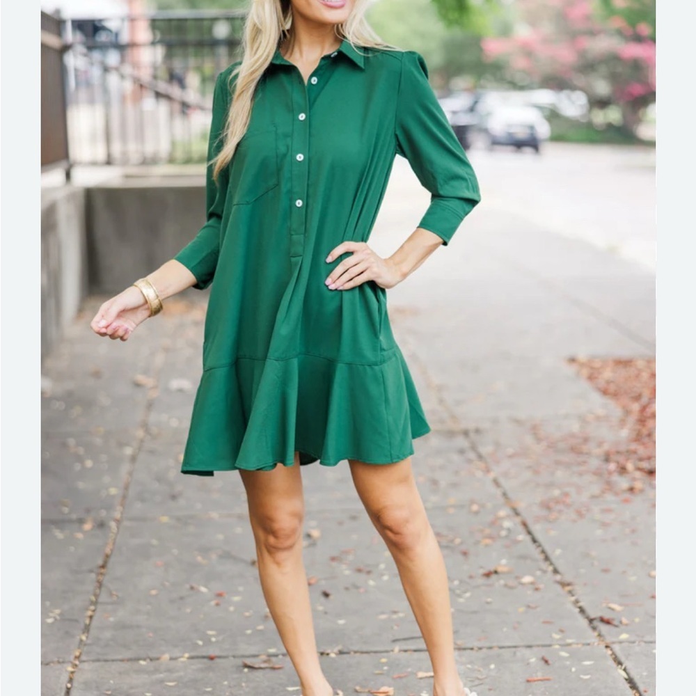 LOFT Women’s NWT Green Button-Front Ruffle Hem Long Sleeve Shirt Dress